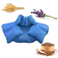 Man using blue flaxseed gravity neck shoulder pad for pain relief while working on laptop