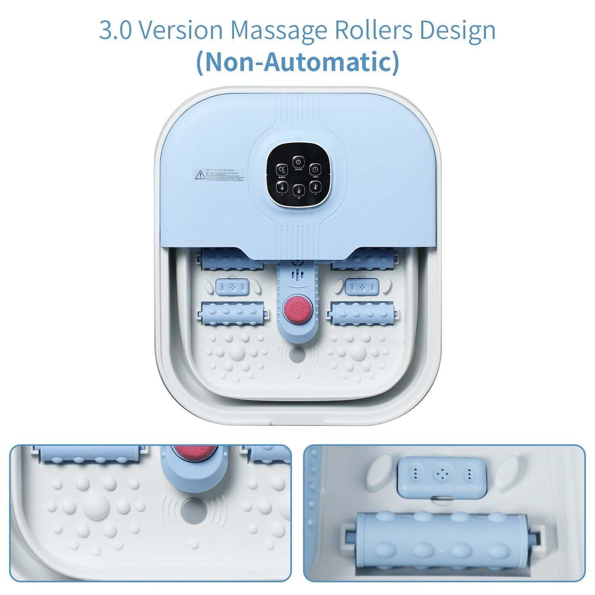 Electric collapsible foot spa with 16 massage rollers and remote control features in blue and white