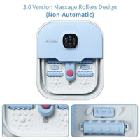 Electric collapsible foot spa with 16 massage rollers and remote control features in blue and white