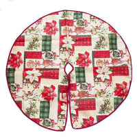 colorful patchwork Christmas tree skirt with floral and plaid patterns in red, green, and white