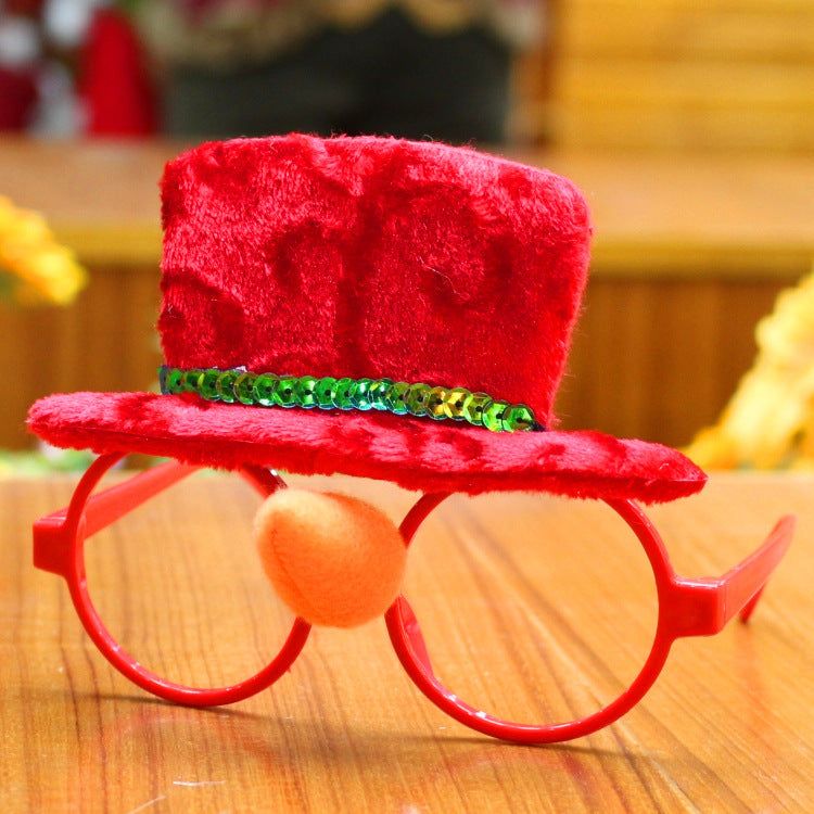 Red Christmas glasses frame with fabric top hat and green sequins decoration