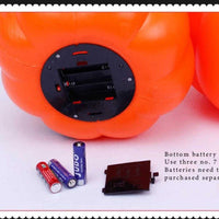Halloween pumpkin lanterns with carved faces glowing in orange light against a spooky purple background with bats and a full moon