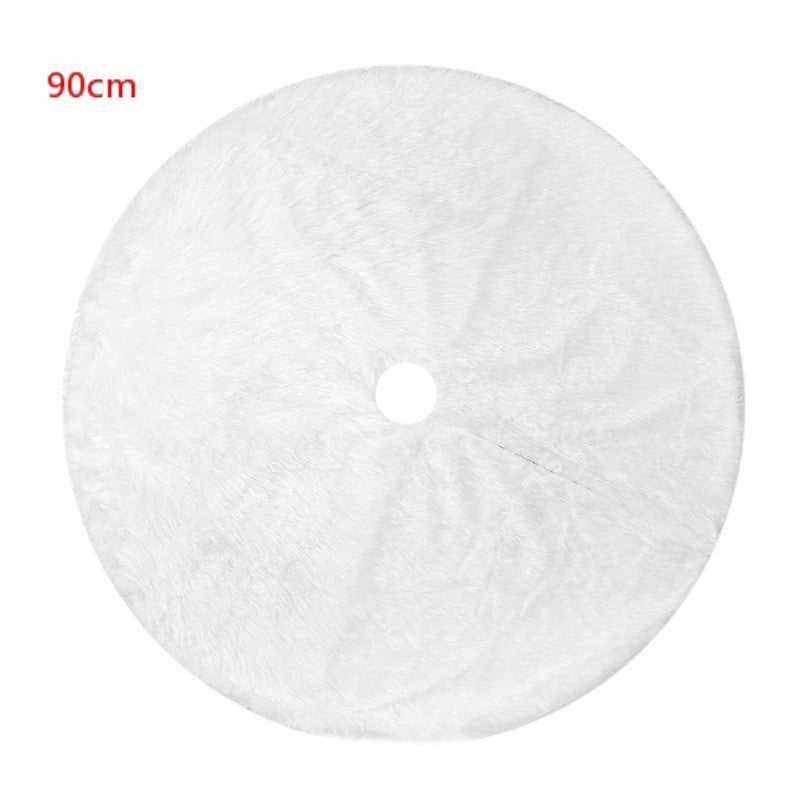 White 90cm Christmas tree skirt made of soft plush fabric with center hole and slit for easy placement around tree base