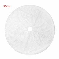 White 90cm Christmas tree skirt made of soft plush fabric with center hole and slit for easy placement around tree base