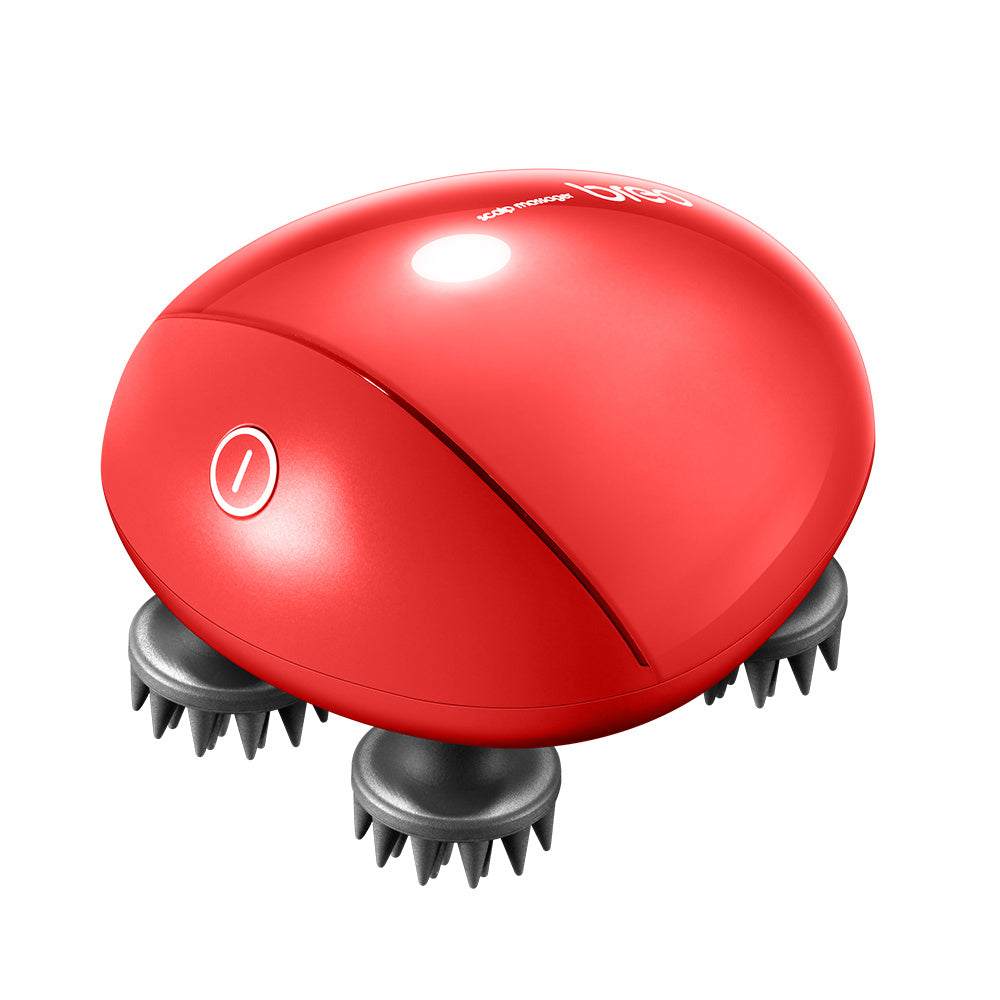 Red handheld scalp massager with four rotating massage heads for relieving fatigue