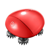 Red handheld scalp massager with four rotating massage heads for relieving fatigue