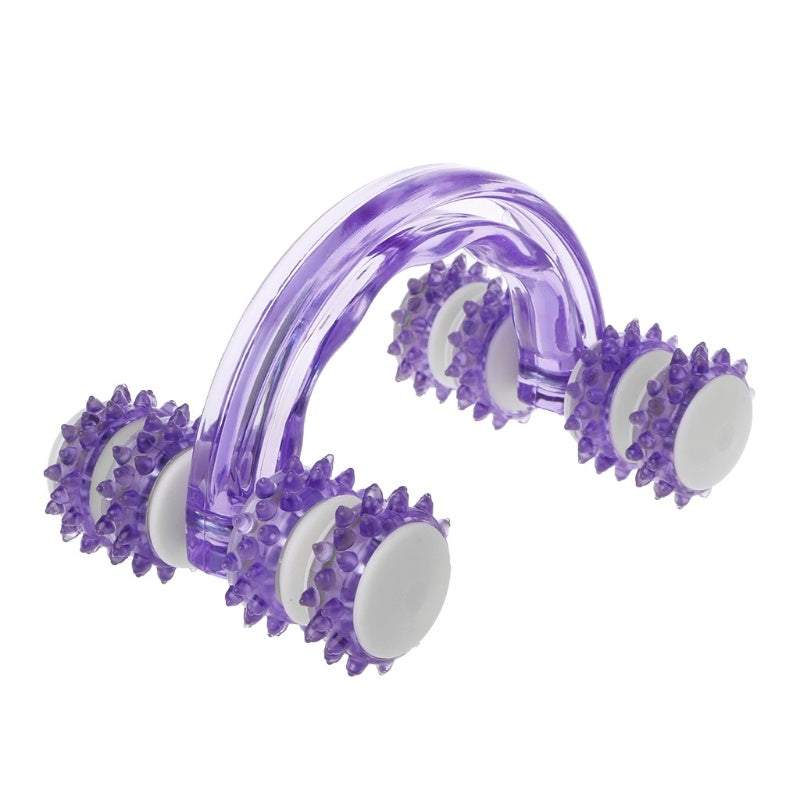 Purple eight-roller wheel body fitness massage tool with ergonomic handle for full body muscle relaxation