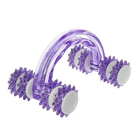Purple eight-roller wheel body fitness massage tool with ergonomic handle for full body muscle relaxation