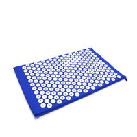 Blue acupuncture massage yoga mat with white acupressure points and pillow for pain relief and relaxation