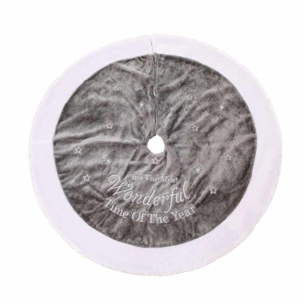 Gray and white plush Christmas tree skirt with "It's the most wonderful time of the year" embroidery