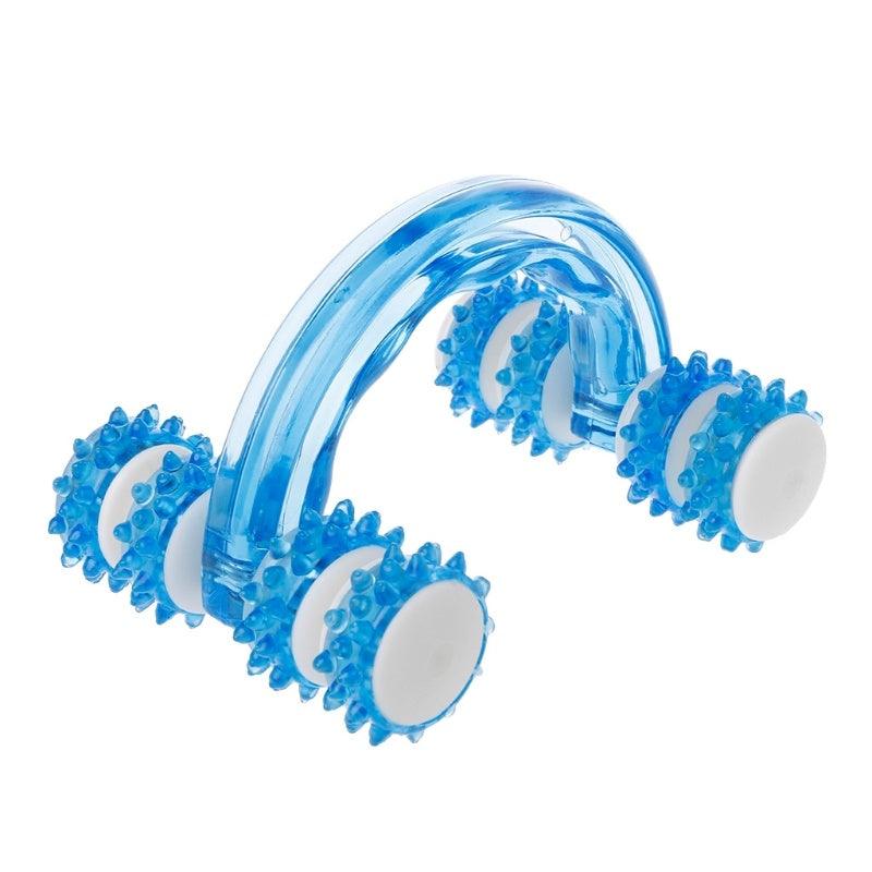 Blue eight-wheel handheld body fitness massage roller for full body muscle relaxation and pain relief