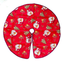 red Christmas tree skirt with Santa Claus and Christmas tree patterns