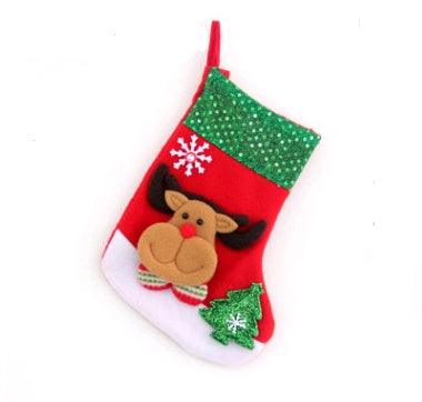 Red Christmas stocking with reindeer and green sequined cuff holiday decoration