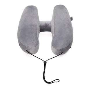 Gray travel neck pillow with honeysuckle filler and adjustable strap, 32x35 cm size