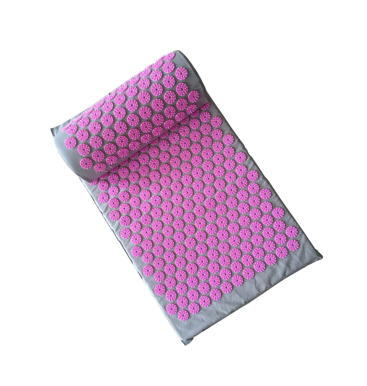 Needle Mat Cushion two-piece set in gray with pink acupuncture points and matching pillow for pain relief and relaxation.