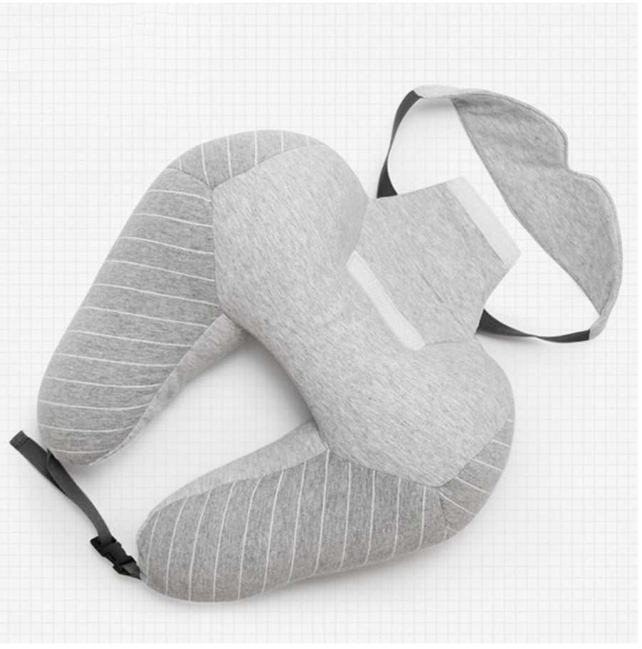 Gray travel pillow foam particle U-shaped cervical neck and lumbar pillow with adjustable strap and sleep mask.