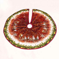 red Christmas tree skirt with Santa sleigh and reindeer design and green pine border