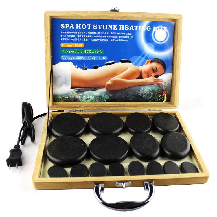 Energy stone massage set with 16 volcanic stones and heating box for spa therapy and muscle relaxation