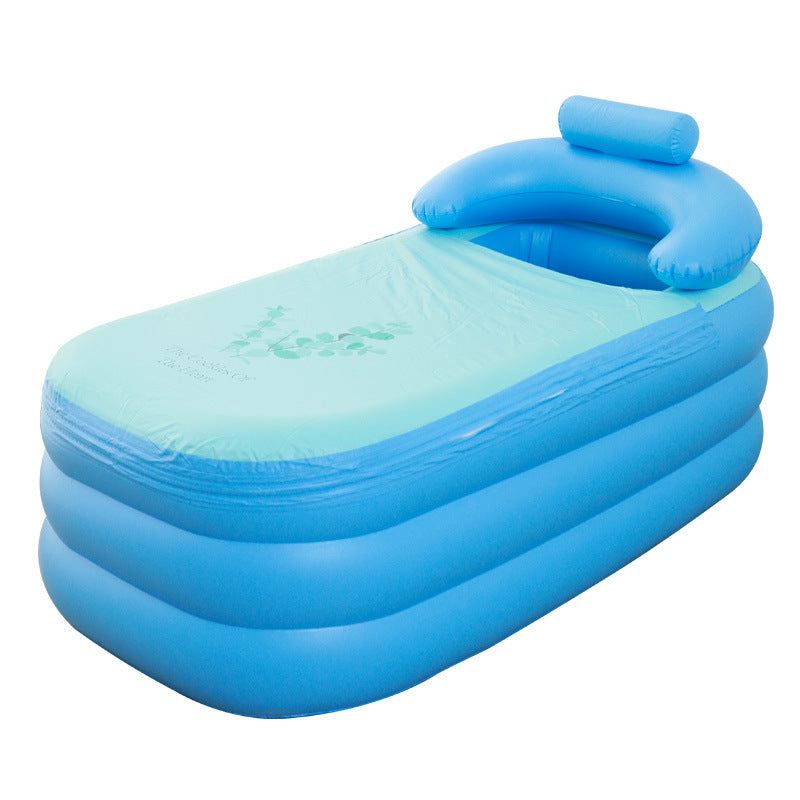 Blue folding inflatable bathtub with backrest and pillow for home spa and massage use