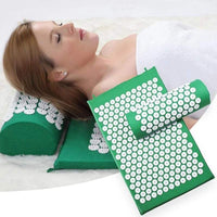 Green acupuncture massage yoga mat and pillow set with acupressure spikes for stress and pain relief