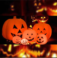 Halloween pumpkin lanterns with carved faces glowing in orange light against a spooky purple background with bats and a full moon