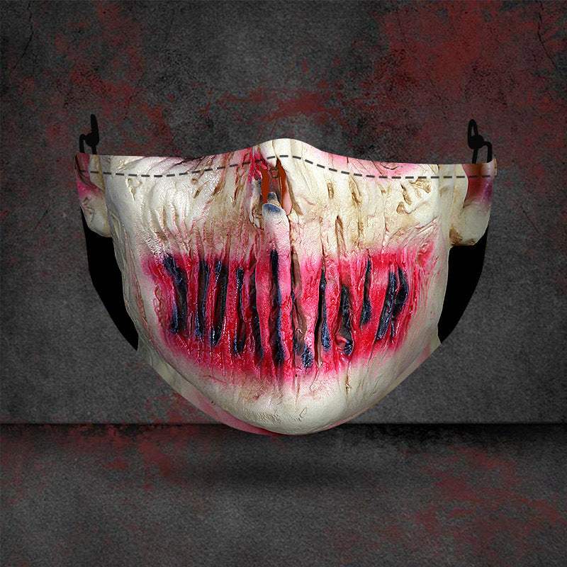 Halloween printed mask with scary red teeth design, cotton material, unisex face cover with ear loops for all seasons