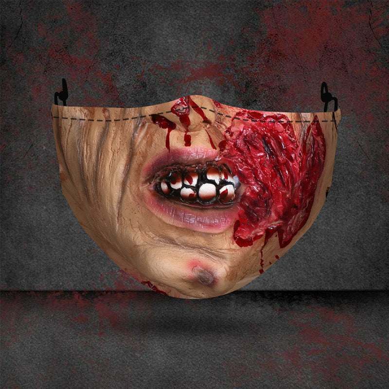 Halloween printed mask with scary red teeth design, cotton material, unisex face cover with ear loops for all seasons