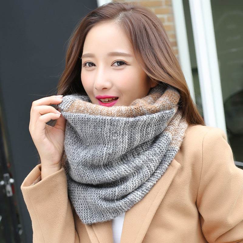 Woman wearing colorful knit wool neck wrap in cotton warp knitting jacquard design to keep warm