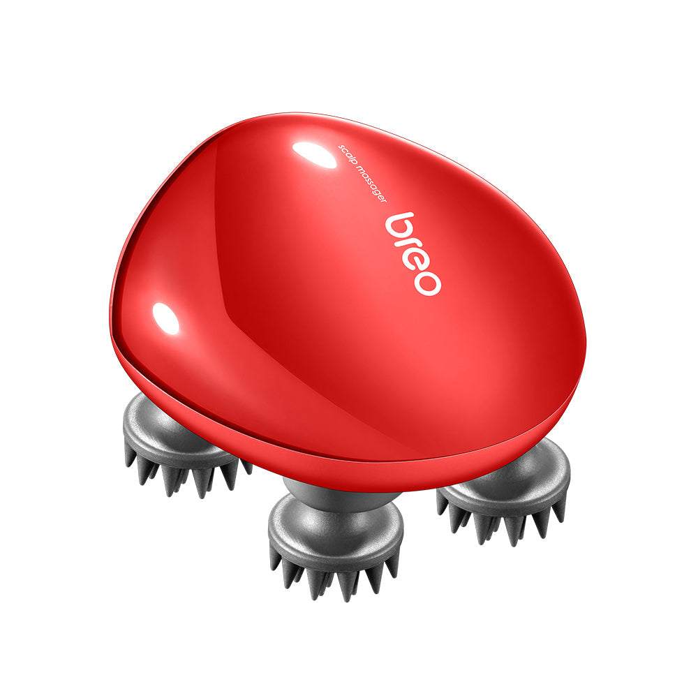 Red handheld scalp massager with four rotating massage nodes for relieving fatigue