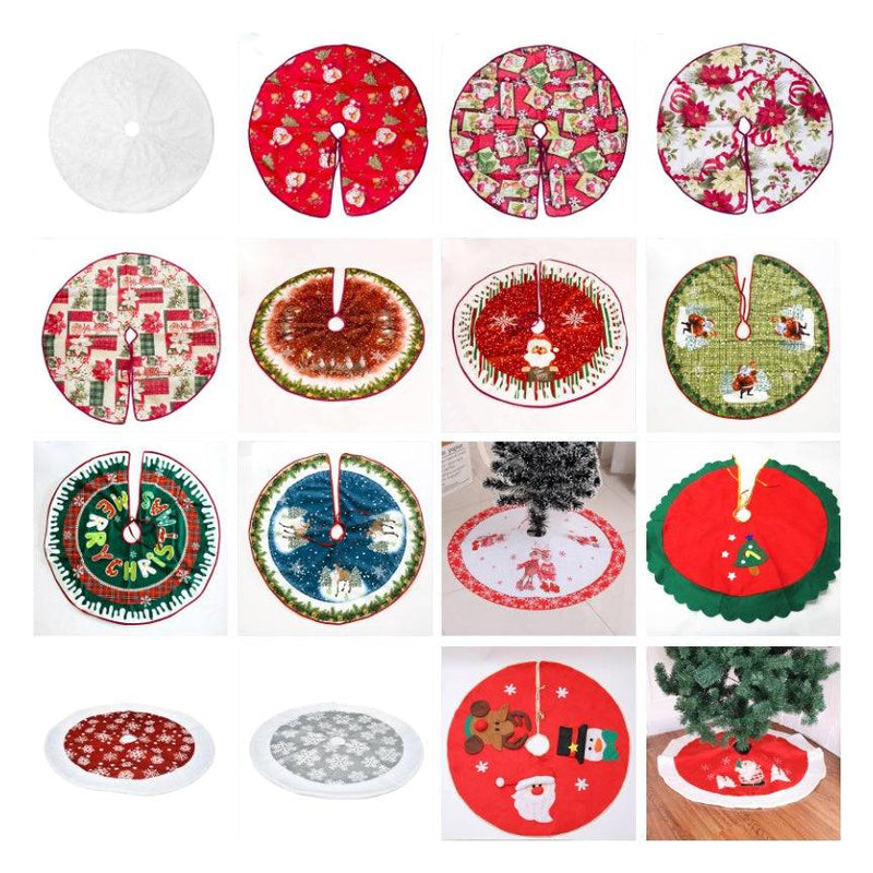 Variety of Christmas tree skirts in different sizes and festive designs made from soft fabric and flannel materials