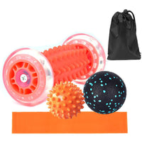 Orange foot massager roller with spike ball, comfort ball, resistance ring, and black carrying bag
