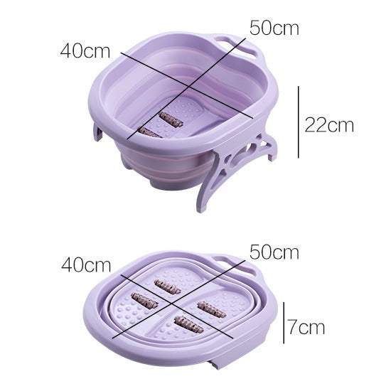 Foldable purple portable basin foot massage basin with rollers and dimensions displayed