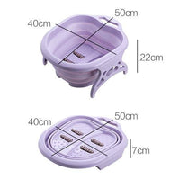 Foldable purple portable basin foot massage basin with rollers and dimensions displayed