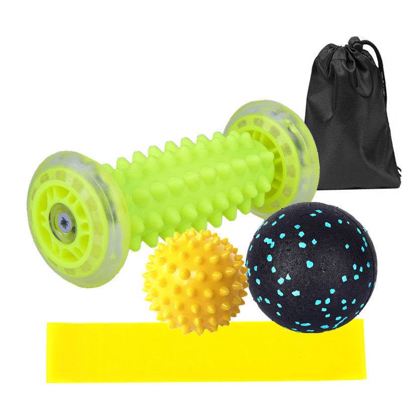 foot massager roller set with spike ball, comfort ball, latex resistance ring, and carrying bag in bright colors