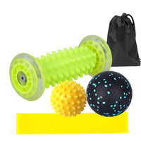 foot massager roller set with spike ball, comfort ball, latex resistance ring, and carrying bag in bright colors