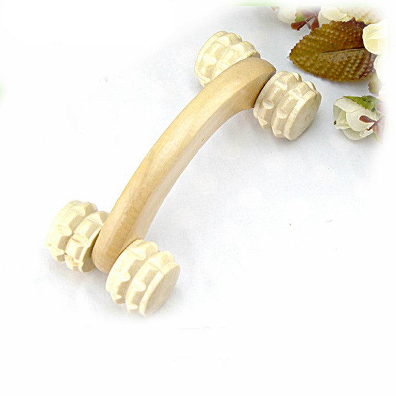 Wooden roller massager with curved handle and four textured wheels for muscle relaxation and improved circulation