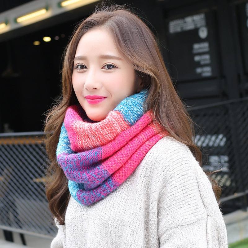Woman wearing colorful knit wool neck wrap in cotton warp knitting jacquard design to keep warm