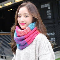 Woman wearing colorful knit wool neck wrap in cotton warp knitting jacquard design to keep warm