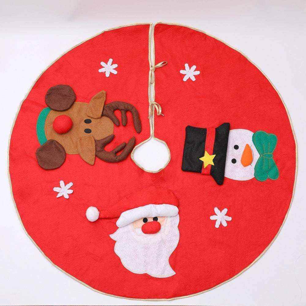 Red Christmas tree skirt with Santa Claus, reindeer, and snowman decorations