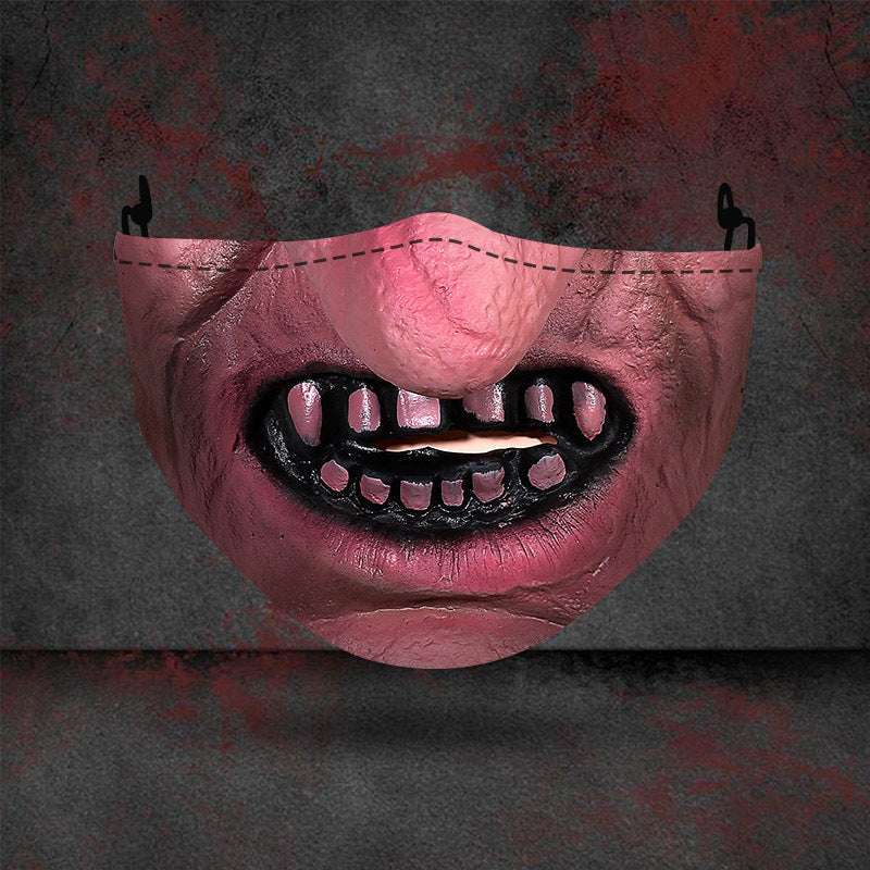 Halloween printed mask with scary red teeth design, cotton material, unisex face cover with ear loops for all seasons