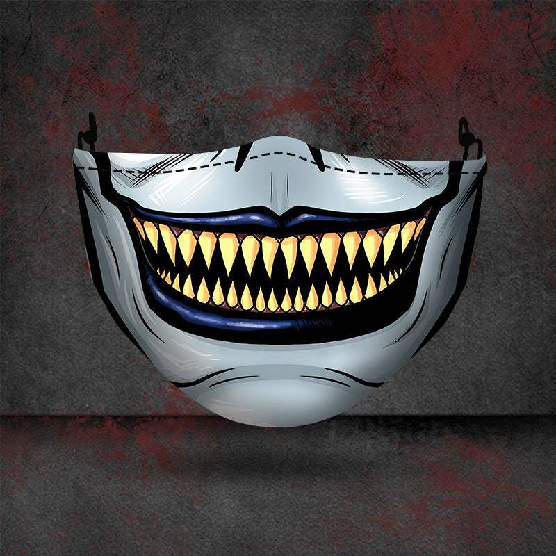 Halloween printed mask with scary red teeth design, cotton material, unisex face cover with ear loops for all seasons