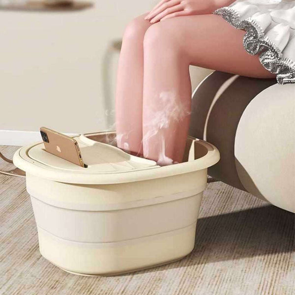 portable foot bath tub in cream white with cover and phone holder, foldable thick plastic foot soaking basin for home use