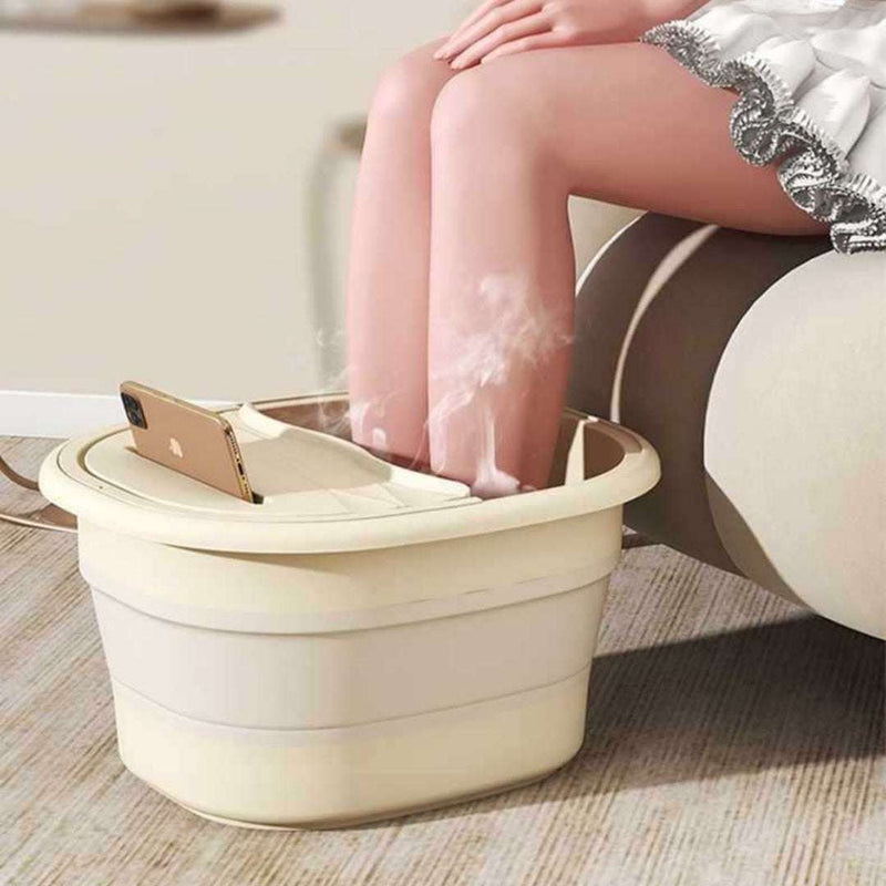 portable foot bath tub in cream white with cover and phone holder, foldable thick plastic foot soaking basin for home use