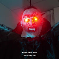 Big Bat Vampire Pendant with glowing red eyes and fangs, voice-activated sensor, 1.6m black plastic ornament for spooky atmosphere decoration