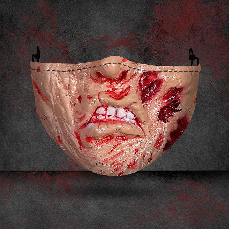 Halloween printed mask with scary red teeth design, cotton material, unisex face cover with ear loops for all seasons