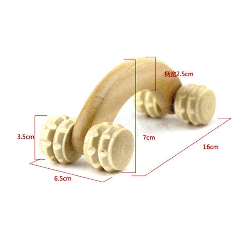 Wooden roller massager with curved handle and four rotating wheels for muscle relaxation and improved circulation