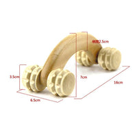 Wooden roller massager with curved handle and four rotating wheels for muscle relaxation and improved circulation
