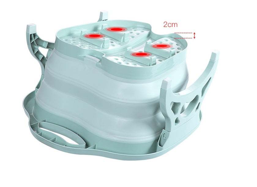 Collapsible green plastic foldable footbath with massage balls and handles for easy storage and portability