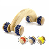 Wooden roller massager with curved handle and spiked blue massage wheels for muscle relaxation and stress relief