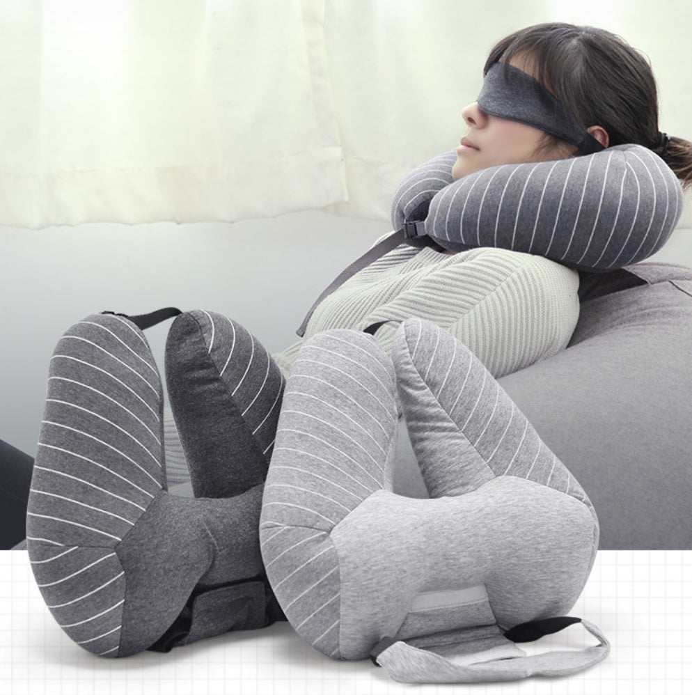 Travel pillow foam particle U-shaped cervical neck and lumbar support pillow with striped design worn by woman with eye mask
